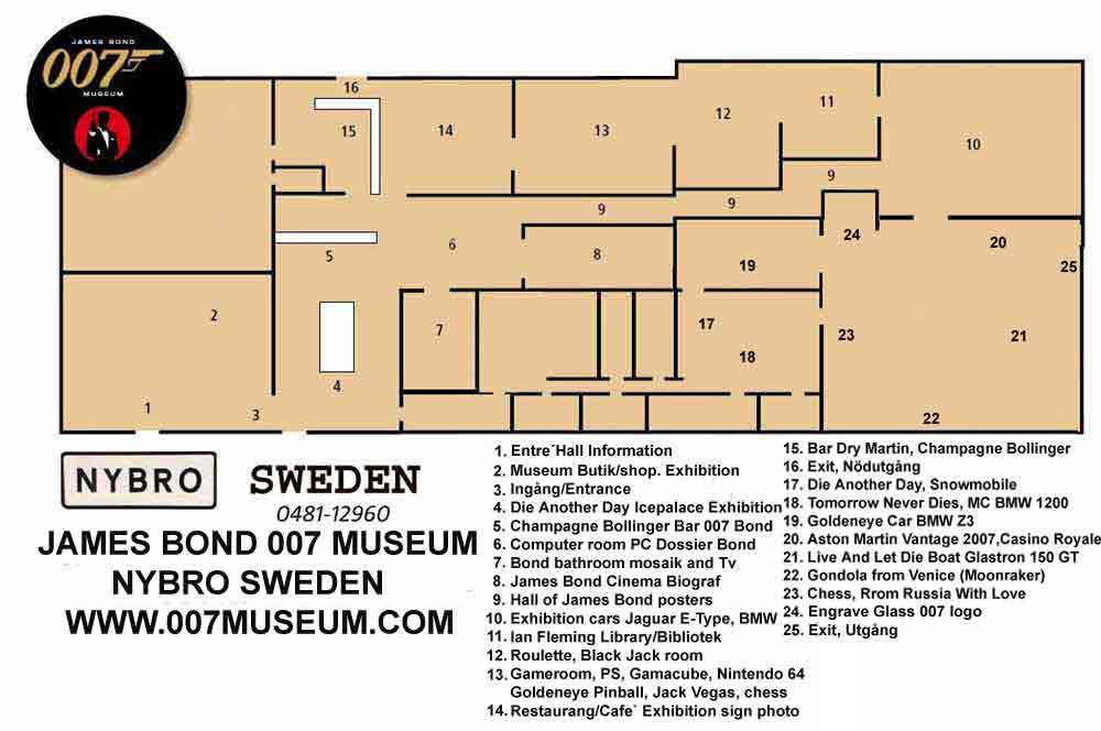 Booking! Call or emejl +46(0)48112960 ,� 007museum@telia.com MAP OVER THE JAMES BOND 007 MUSEUM IN SWEDEN NYBRO over 1000 square meter
