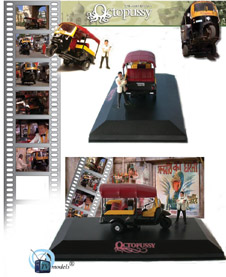 India Taxi James Bond Tuk-Tuk This is exact  Finally available for your collection, Indian Taxi Tuk-Tuk celebrates it seen in "Octopussy". with the metal 1/43� delivered with the character of ` Roger Moore' upright out of painted lead.  inside window box. Create by "TV MODELS" has a completely superb diorama.