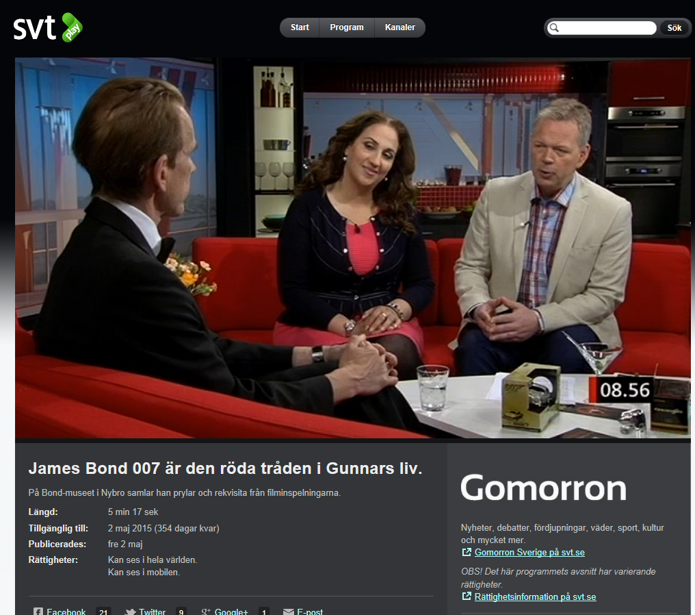 Museichef Gunnar James Bond Sch�fer James Bond 007 museum i Nybro Sverige Programledare: Hiba Daniel och Mats Nystr�m V�lkommen till Gomorron ...